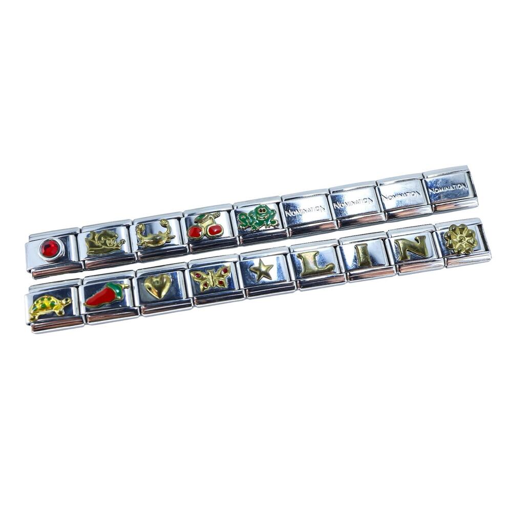 Italian Link Charm Bracelet with Red Cherry Turtle Butterfly Dino Letters Brass